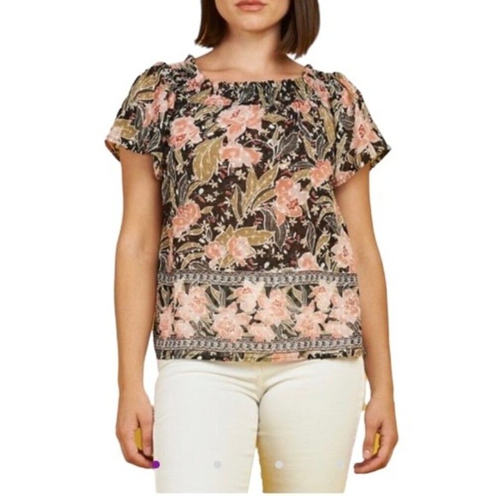 DR2 Dark Floral Multicolor Flutter Short Sleeve Smocked Off The Shoulder Blouse
